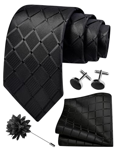 Image of GUSLESON 3.15 inch(8cm) Mens Tie and Lapel Pin Plaid Checkered Necktie Hankerchief Cufflinks Set for Men