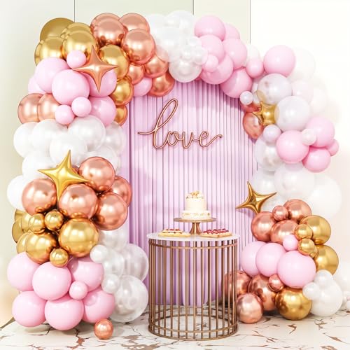 Image of Pink White Balloon Arch Kit, Pink Gold Garland with Rose Gold Star Balloons | for Birthday Baby Shower Bridal Shower Wedding Engagement Anniversary Princess Party Backdrop Decor