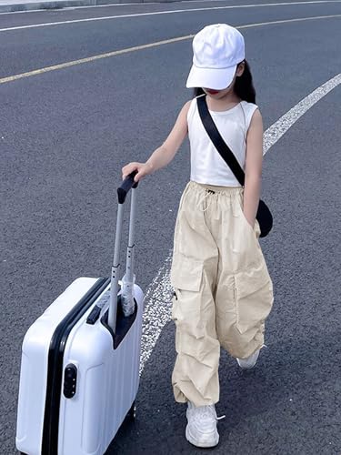 Image of Girls Cargo Pants Elastic Waist Drawstring with Pockets Pants | 6-14 years High Waist Loose fit School Hiking Casual