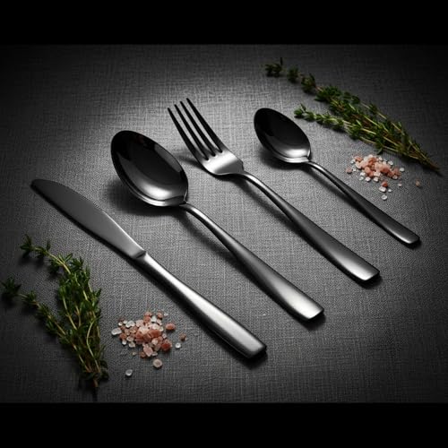 Image of 8 Pcs Black Mirror Polish Stainless Steel Cutlery Set for Dining Table with Spoons and Forks Set + Butterknives - The Perfect Tableware /Flatware
