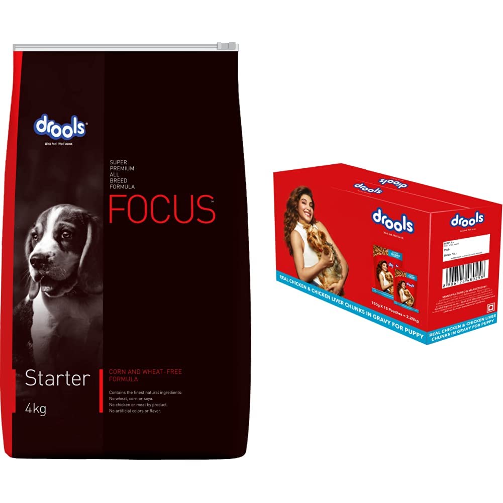 Drools Focus Starter Super Premium Dog Food, 4kg&Drools Puppy Wet Dog Food, Real Chicken and Chicken Liver Chunks in Gravy, 15 Pouches (15 x 150g) (B0BP5YL9T4) Amazon Price History, Amazon Price Tracker