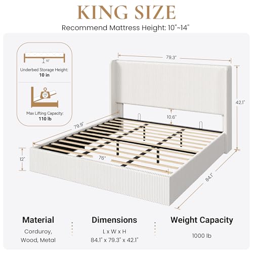 Image of SHA CERLIN King Lift Up Storage Bed Frame, Upholstered Corduroy, White