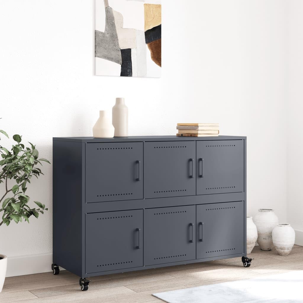 Credenza in Acciaio con Ruote 6 Ante Mobiletto Antracite 100,5 cm