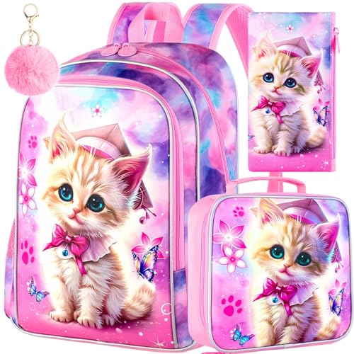 Image of AGSDON 3PCS Backpacks for Girls, 16 inch Elementary Kids Cute Cat Backpack Preschool School Bookbags and Lunch Box