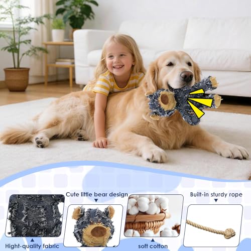 Image of Dog Companion For Heavy Chewers- Indestructible Robust Bear Dog Toy, Durable Squeaky Dog Toys For Heavy Chewers , Unbreakable Stuffed Plush Dog Toys For Aggressive Chewers (H-G-Navy+Oak+Purple)