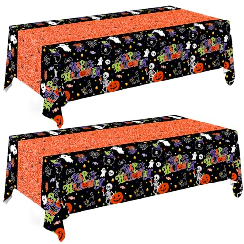 Image of 2 Pack Halloween Tablecloth, 54 x 108 Inch Disposable Plastic Table Cover, Orange Halloween Party Decorations for Halloween Decor