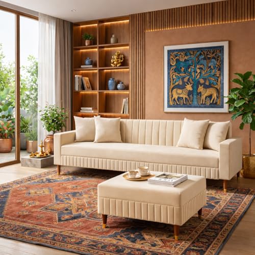 Image of SRMS Solid Wood 4 Seater L Shape Velvet Fabric Sofa Set with Four Cushions | Perfect for Home Office Guests Living Room | Sofa Set for living Room | 74 x 32 x 30 inches | Cream