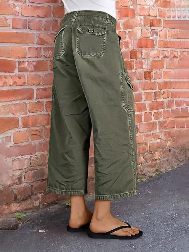 Flamingals Straight Leg Cropped Pants for Women Mid Rise Casual Cargo Solid Flap Pockets Pants2
