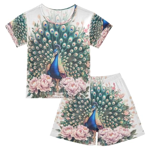 ALAZA Peacock Floral Peony Bird Pajamas Set Short Sleeve Cotton Sleepwear Summer Pjs 2 Piece 5-14Y