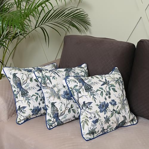 Image of Jaipur Weaves Cushion Cover 16 inch x 16 inch - Pure Cotton, Decorative Soft Floral Cushions for Sofa /Bed /Chair, Gift for Home Decor (3, Blue Bird)-180 TC