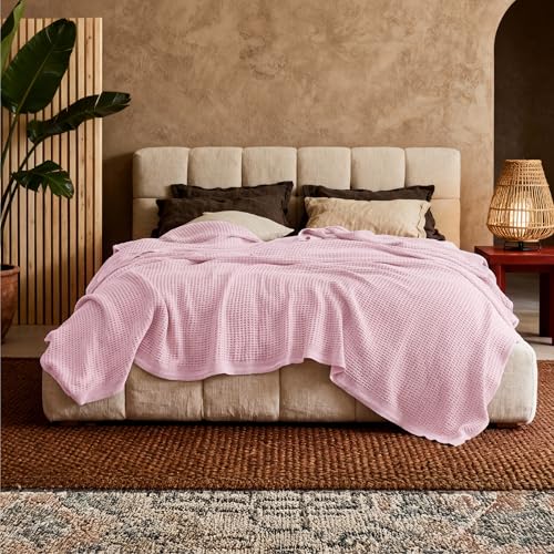 Image of Bedsure 100% Cotton Blanket King Size for Bed - Cooling Breathable and Soft for Summer, Thick Cozy Waffle Weave Blanket Gifts for Women, Pink, 104x90 inches