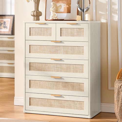 Image of LEYAOYAO White Dresser for Bedroom, 41 inch Tall Chest of Drawers, Modern 6 Drawers Boho Rattan Dressers with Storage, Dresser Wooden Closet Organizer for Living Room, Hallway