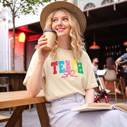 Image of Teacher Shirts Women Teach Print Graphic Tees Kindergarten Elementary Teaching Life Shirts Back to School Tees Tops