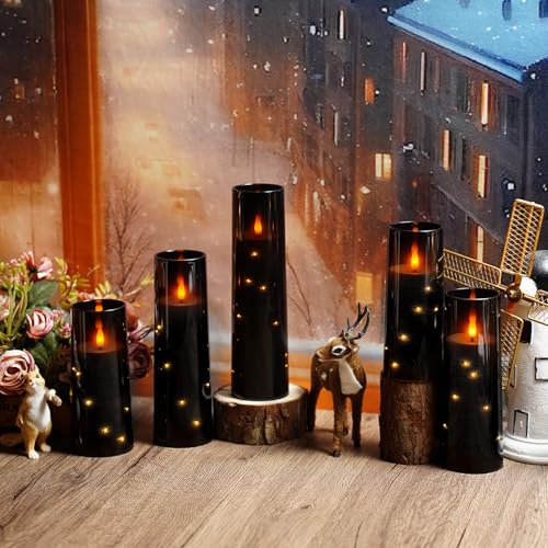 Image of kakoya Flameless LED Candles with Timer 5 Pc Flickering Flameless Candles for Romantic Ambiance and Home Decoration Stable Acrylic Shell,with Embedded Star String,Battery Operated Candles(Black)
