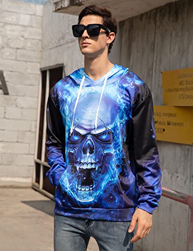 Hoodies For Men Cool 3D Blue Skull Sweatshirt Adult Fall Winter Young Men Pullover With Design Size M Fashion Women Graphic Outerwear Clothes For Teen Boys #TOP1