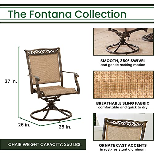 Hanover 5-Piece Fontana Pvc Tan Sling Swivel Rocker Chairs And 48" Round Cast-Top Table, Outdoor Dining Set For 4, Premium Weather Resistant Patio Furniture For Backyard & Deck #TOP5