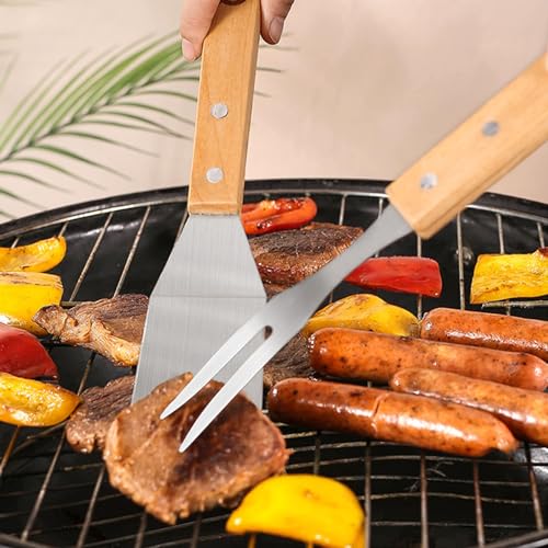 Set de herramientas para parrilla con mango de madera acero inoxidable miniatura 4