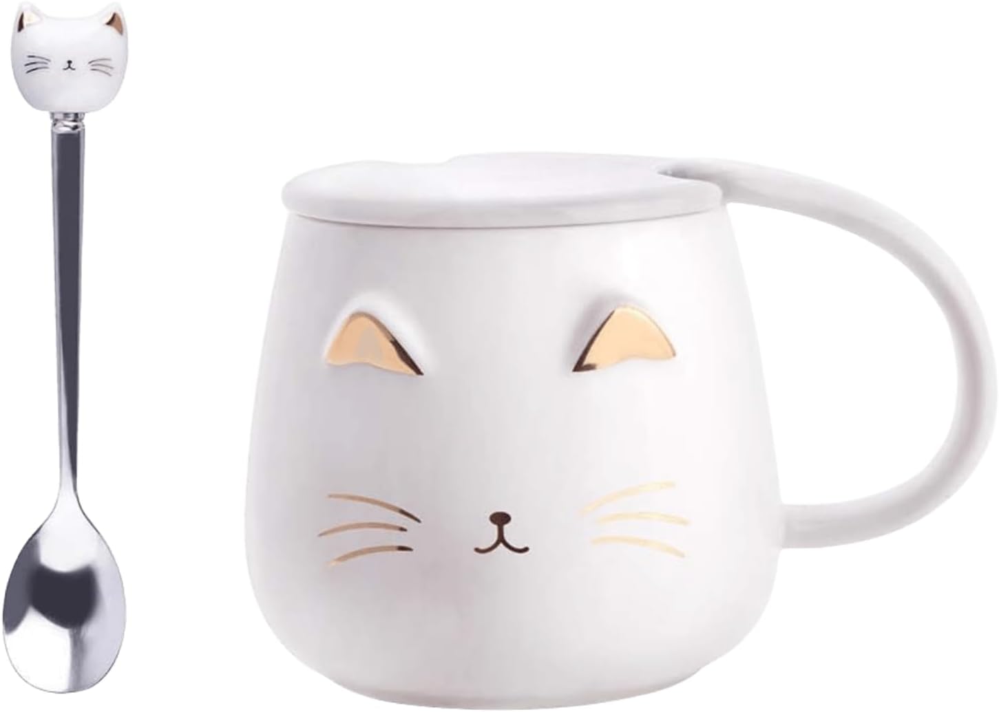 Kawaii Cat Mug Cute Ceramic Coffee Mug Cute Cat Paw Spoon Phone Holder Mug, Tea and Milk Christmas Mug 400ml, Gift (White)