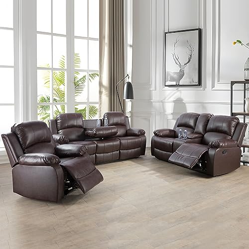 3PCS Vegan Leather Recliner Sofa Set with Cup Holders