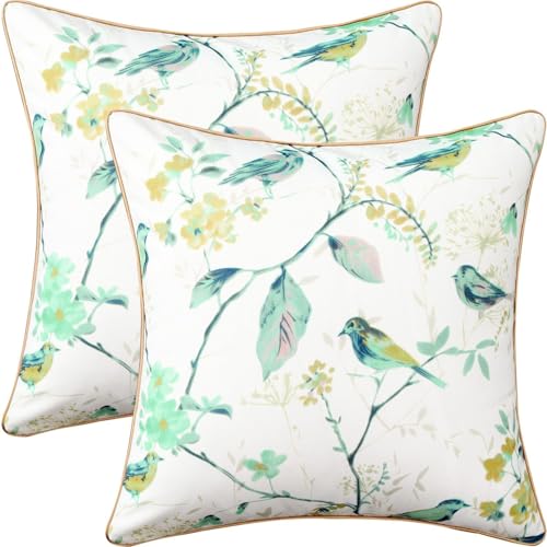 VOGOL Green Bird Cushion Covers Set 45 x 45 cm, Set of 2 Country Style Throw Pillowcases with Invisible Zipper, Square Pillow Cases for Sofa Bed Living Room