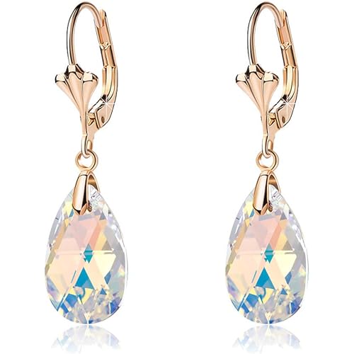Austrian Crystal Teardrop Leverback Dangle Earrings for Women Fashion 14K Gold Plated Hypoallergenic Jewelry