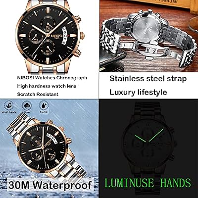 NIBOSI Watches for Men Fashion Stainless Steel Business Casual Luxury Waterproof Luminous Dress Analog Chronograph Luminous Large Big Face Dad Father Gifts Gold Black Wrist Watch