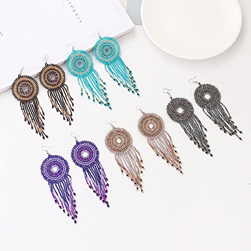Handmade Long Fringe Drop Dangle Statement Earrings for Women Girls Acrylic Boho Ball Beads Round Hoop Tassel Chain Beaded Woven Chandelier Tribal Exaggerated Dream-catcher Ear Piercing Hook Jewelry4