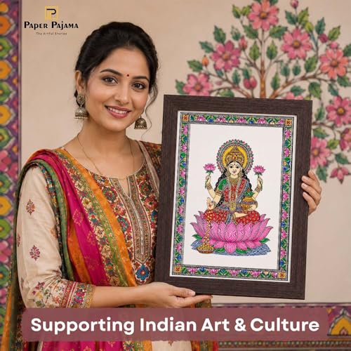 Image of PAPER PAJAMA Goddess Lakshmi Vastu Wall Art for Living Room | Madhubani Lakshmi Mata Painting on Lotus | Traditional Mithila Religious Framed Decor for Home, Office & Pooja Room (10x13 Inches)