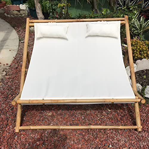 Zero Emission World Handcrafted Bamboo Lightweight Foldable Double Sling Chair with Cushions for 2 Persons, 4 Position Adjustable Height Patio Deck Chairs, White Canvas by Zero Emission World - Used condition - US$80.59