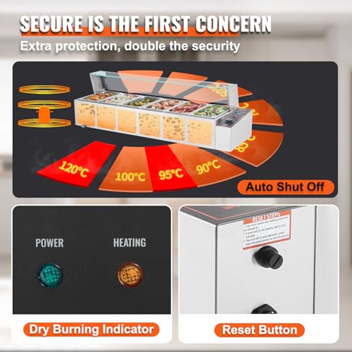 VEVOR kommerzieller Speisenwärmer mit 6 Behältern (je 5 Qt / 1/3 Größe), elektrischer Dampftisch mit Glasabdeckung, 1500 W Arbeitsplatte Edelstahl, Buffet-Bain-Marie, 30–85 °C Temperaturregelung – Bild 5