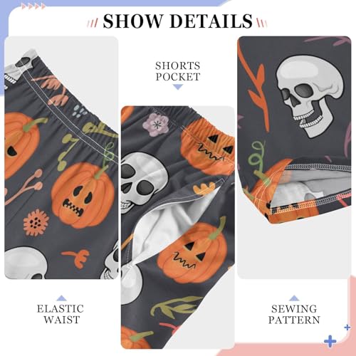 Skull and Pumpkin Floral Boys Long Pants Soft Trousers Elastic Waist Kids Lounge Bottoms with Pockets S-XL4