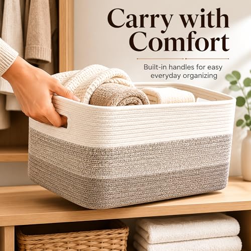 Image of Cotton Rope Laundry Basket Medium, 15.4GAL Collapsible Woven Storage Baskets for Living Room Kids Toys Stuffed Animal Boho Rectangular Decorative Short Hamper for Dirty Clothes Blankets Gradient Brown