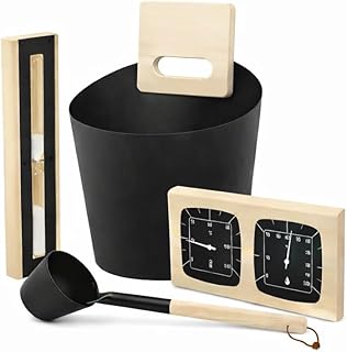 Easy Act 4-teiliges Saunaset, Saunazubehör Set mit 6L Aufgusskübel & Kelle aus Aluminium und Holz, Thermo-Hygrometer & 15 Minuten Sanduhr