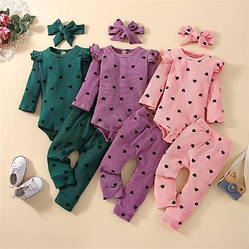 3PC Newborn Baby Girls Romper Clothes Long Sleeve Heat Prints Top Pants Outfit Infant Boys 𝗣ajamas with Headband Set4