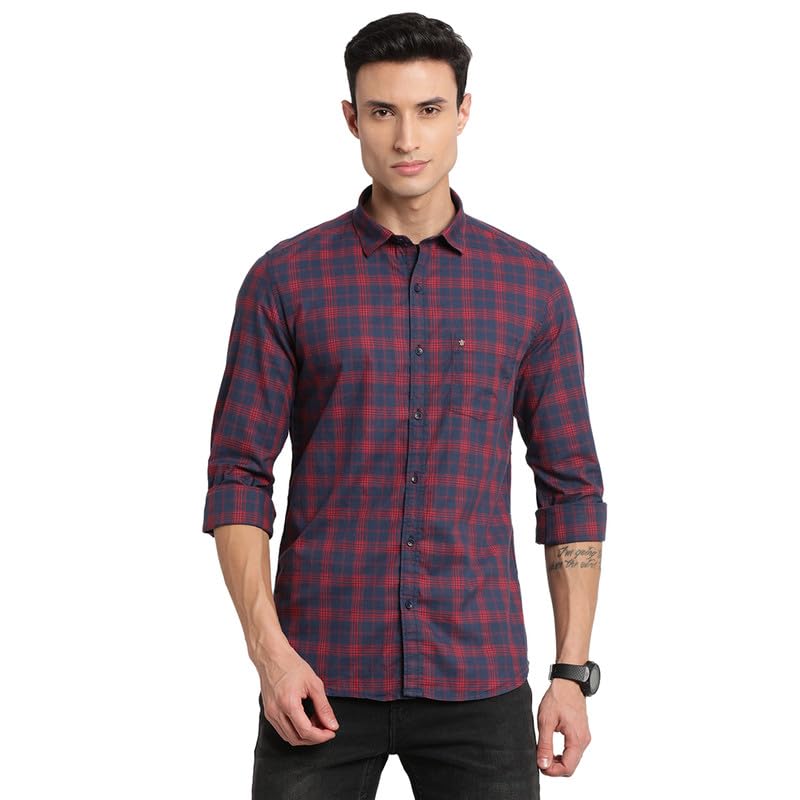 Image of Turtle Men 100% Cotton Navy Blue Checkered Slim Fit Full Sleeve Casual Shirt