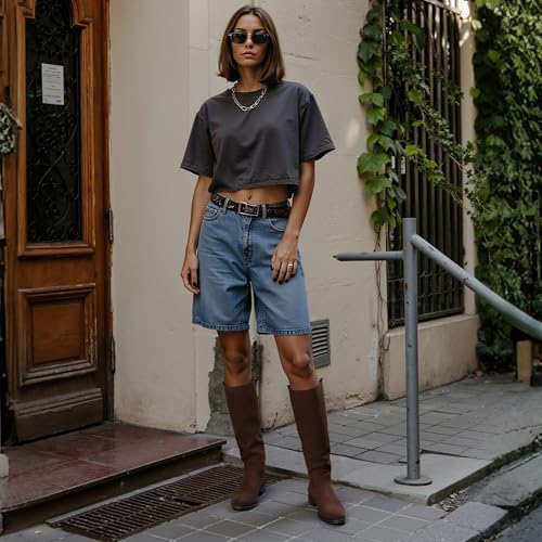 Image of Modatope Knee High Boots Women Rounded Toe Flat Retro Bais Opening Low Chunky Heel Riding Boots