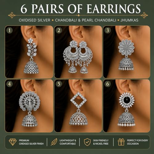 Image of Traditional Silver-Tone Jhumka Earrings Set for Women & Girls | Stylish Ethnic Indian Danglers | Festive & Daily Jewelry | Ideal Jewellery Gift Set for Sister, Wife & Friends - Pack of 6