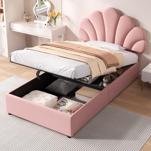 Merax 3FT Single Upholstered Hydraulic Bed with Adjustable Petal Headboard โ Soft Velvet Bed Frame with Hydraulic Storage, Kids Single Bed, Girls Bed, Pink (Mattress Not Included) โ image 1