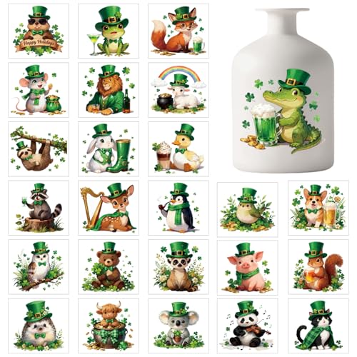 GLOBLELAND 25 hojas de calcomanías adhesivas de animales del día de San Patricio, trébol verde, calcomanías adhesivas de animales del bosque, sombrero, lámpara, tarro para manualidades, decoración del