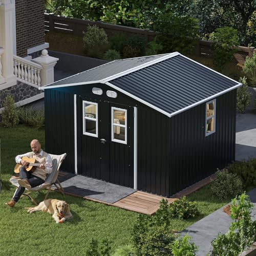 KEIKI Large 8x10 Metal Shed with Four Windows Lockable Outdoor Storage Shed for Backyard Tiny House Sheds Metal Storage Shed for Tools & Equipment Sheds and Outdoor Storage Dark Gray