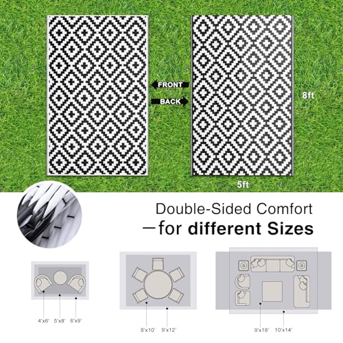 Image of OLANLY Outdoor Rug 5x8 ft Waterproof Reversible Mat, Black & White