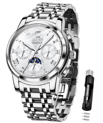 Image of OLEVS Mens Automatic Watch Mechanical Self Winding Luxury Business Dress Moon Phase Stainless Steel Calendar Wrist Watches for Men Waterproof Luminous