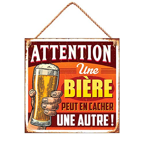 Plaque déco metal 20 x 20 cm attention une bière peut en cacher une autre !