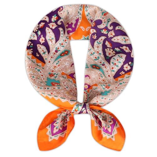Relang Fashion silk Satin Head Scarf for Women Hair Bandana Hair Scarf Wrap Neck Scarf for Women 27.5×27.5 inches Orange Purple Cashew Flower Scarf
