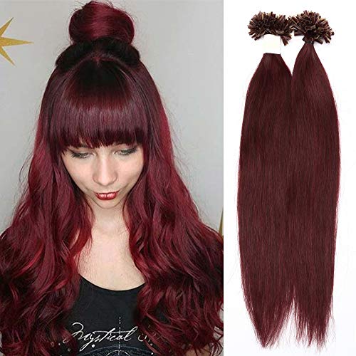 S-noilite Pre Bonded Burgundy U Tip Hair Extension Human Hair 100% Remy Hair 18Inch 100strands Fusion Keratin Nail Tip Hairpieces Wine Red 50g Silky Straight Real Hair For Women #99J