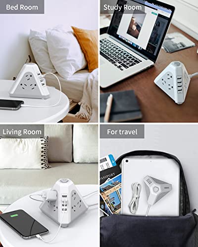 NVEESHOX Power Strip Tower Surge Protector-9 Multiple Outlets 4 USB Charging Ports,3-Side Triangle Outlet Extender Strip with 6.5Ft Long Extension Cord, Flat Plug, Overload Protect for Office Traving