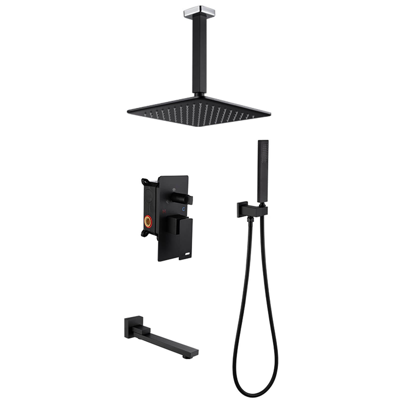 SWENEEN Handheld Shower10 Inch Rainfall Shower System With Rain Shower And Hand Shower Ceiling Mounted Brass Bathroom Shower Combo Set,Black + Rose Gold,Black