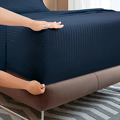 Image of ROYALE LINENS 4 Piece Queen Sheets Set - Soft Brushed 1800 Microfiber Bedding - 1 Fitted, 1 Flat Sheet, 2 Pillow Cases - Wrinkle Free & Fade Resistant - Hotel Luxury Bed Sheets (Stripe Navy, Queen)