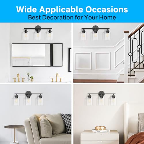 Image of Modern Black Bathroom Light Fixtures over Mirror - 3 Light Bathroom Vanity Light Wall Sconces lighting with Clear Glass Shade Vanity Lights for Bathroom, Kitchen, Bedroom, Hallway and More Scenarios