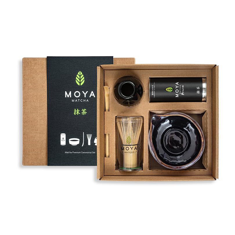 Moya Matcha Set 5-teiliges Traditional Matcha Organischer Grüntee Pulver | BIO Matcha Traditional Zeremonie-Qualität 30g+ Grüne Matchaschale + Bambusbesen + Besenhalter + Bambuslöffel